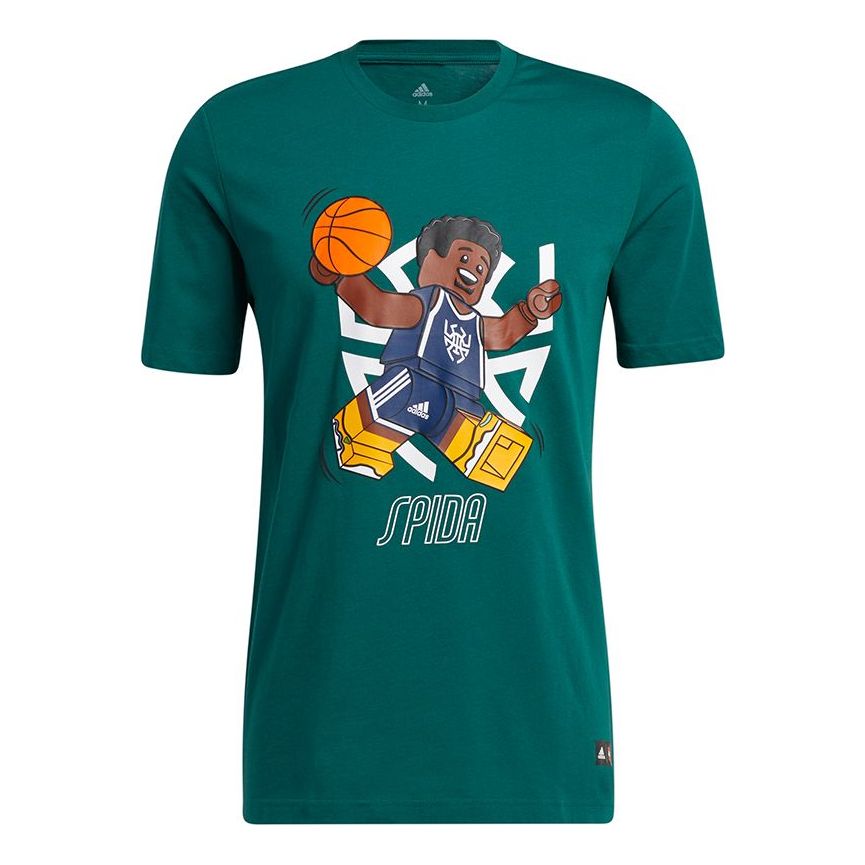 Men's adidas x LEGO Crossover Dame Ss . Mitchell Funny Blocks Printing Basketball Sports Short Sleeve Green T-Shirt GU2716
