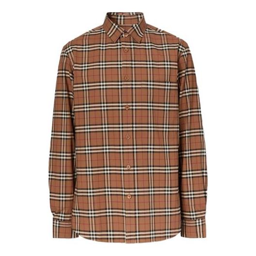 Men's Burberry Plaid Elastic Cotton Shirt Brown 80386691