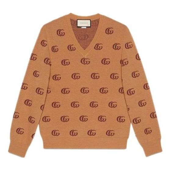 Gucci Double G Jacquard Wool V-Neck Sweater 'Camel Brown' 645292-XKBPF-8011