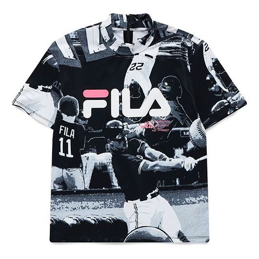 (WMNS) Fila FUSION Small High Collar Full Print Baseball Short Sleeve Black T-Shirt T11W122201F-BK