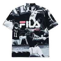 (WMNS) Fila FUSION Small High Collar Full Print Baseball Short Sleeve Black T-Shirt T11W122201F-BK