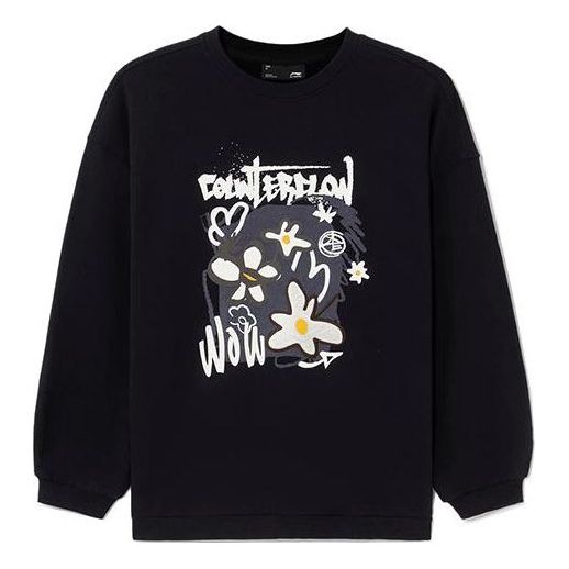 Li-Ning CF Sports Fashion Series Flowers Alphabet Printing Loose Fleece Lined Round Neck Pullover Hoodie 'Black' AWDS556-1
