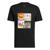 Men's adidas Cartoon Shooting Printing Pattern Round Neck Short Sleeve Black T-Shirt HK6728