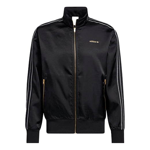 Men's adidas originals Stand Collar Stripe Zipper Ribbed Cuff Long Sleeves logo Sports Jacket Black H31290