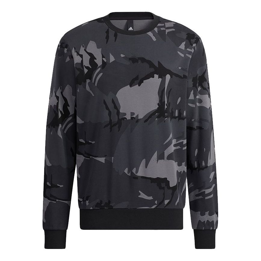Men's adidas Fi Aop Camo Swt Camouflage Sports Round Neck Pullover Dark Grey H65646