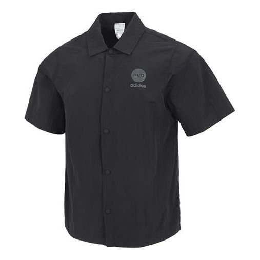 adidas neo Solid Color Alphabet Logo Printing Athleisure Casual Sports lapel Short Sleeve Shirt Black HM9977