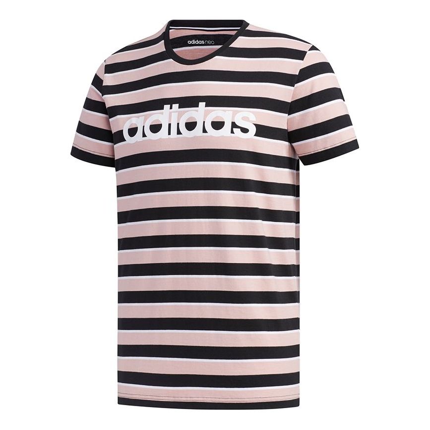 Men's adidas neo Esntl Lg S T3 Logo Printing Stripe Sports Short Sleeve Pink T-Shirt FP7425
