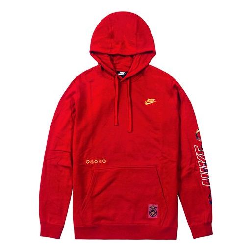 Nike Sportswear Club Printing Long Sleeves Pullover Drawstring Red CU3670-687