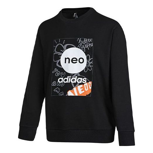 Men's adidas Logo Pattern Printing Round Neck Long Sleeves Pullover Black HM7433