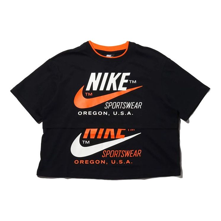(WMNS) Nike logo Splicing Short Sleeve US Edition Black CJ2040-010