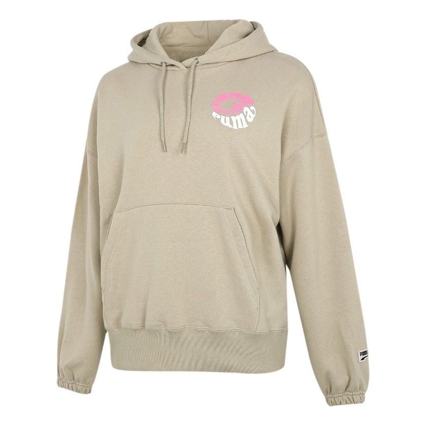 (WMNS) PUMA Downtown Graphic Hoodie Breathable Letter Printing Long Sleeve Khaki 533049-42
