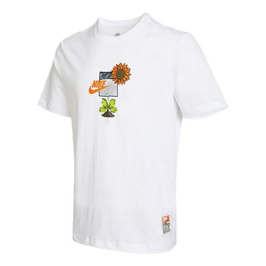 Men's Nike Logo Plant Pattern Cartoon Printing Round Neck Casual Short Sleeve White T-Shirt DQ1034-100