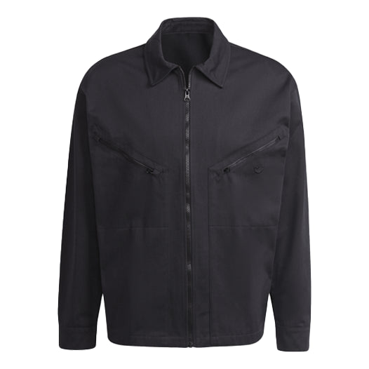 Men's adidas originals Logo Embroidered Solid Color Lapel Long Sleeves Sports Black Jacket HC4540