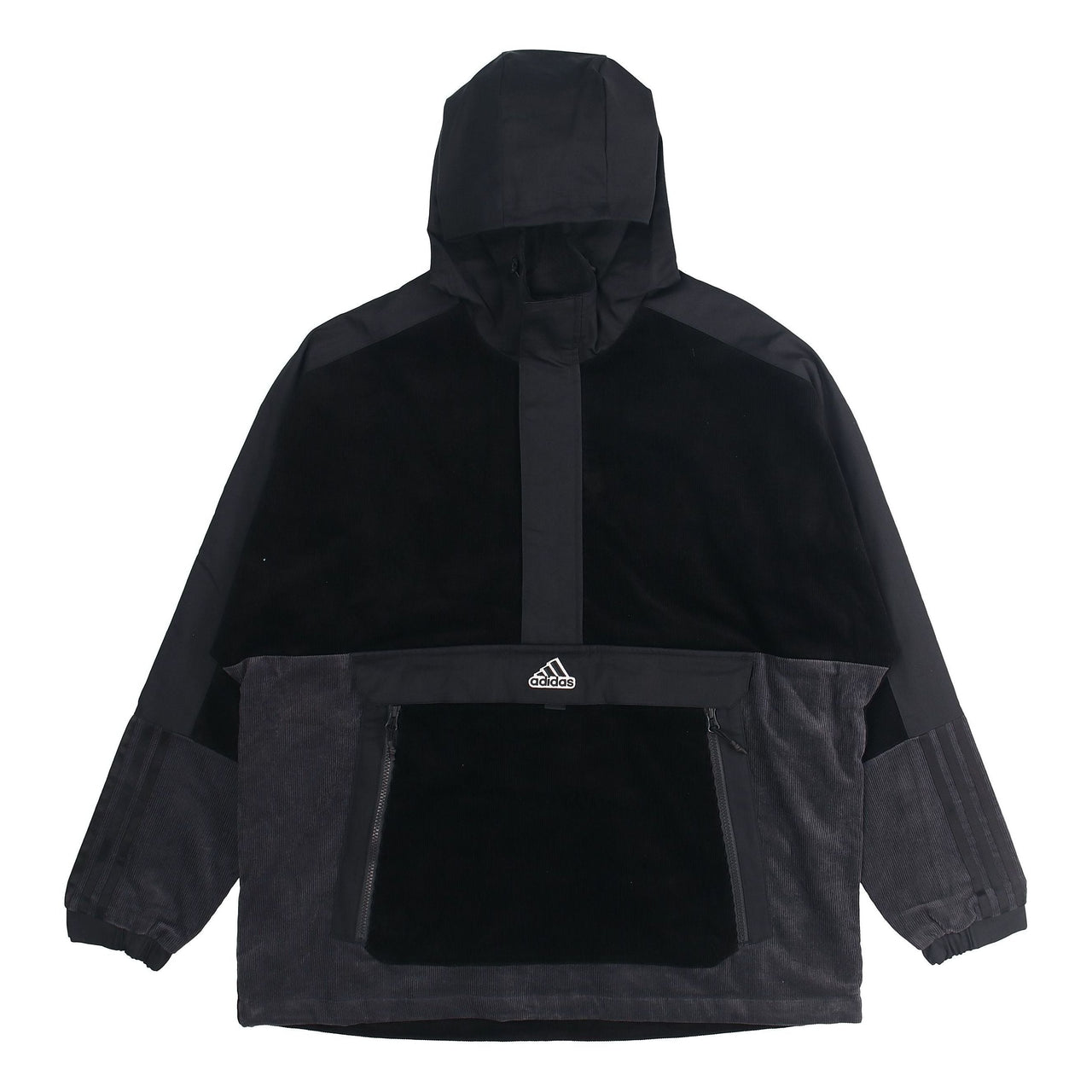 adidas M Corduroy Ank Half Zipper Splicing Sports hooded Logo Jacket Black HD0365