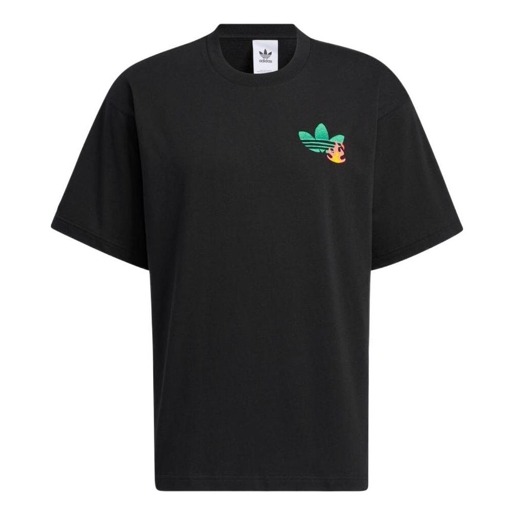 adidas Logo Cartoon Pattern Embroidered Round Neck Short Sleeve Black T-Shirt HM8041