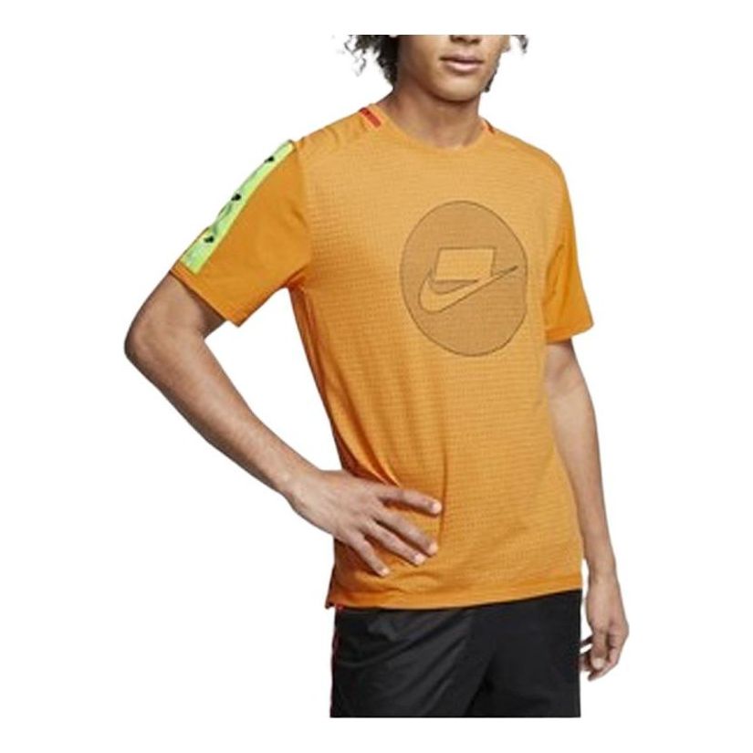 Men's Nike Chest Logo Mesh Stripe Round Neck Short Sleeve Orange T-Shirt BV5599-886