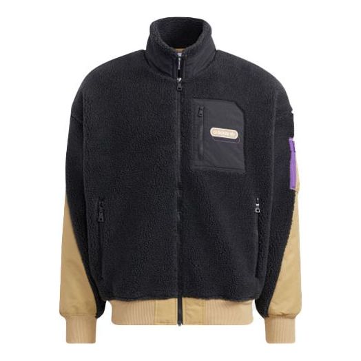 Men's adidas originals Mr Sherpa Jkt Suede Splicing Stand Collar Logo Sports Jacket Black HC0374