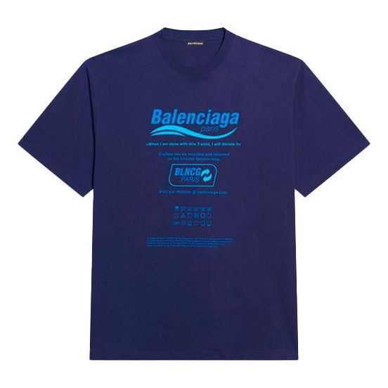 Men's Balenciaga FW21 Dry Cleaning Alphabet Printing Retro Knit Short Sleeve Navy Blue 651795TKVF83866