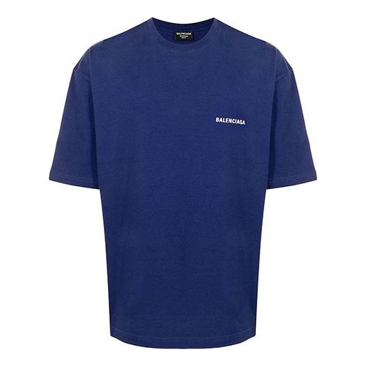 Men's Balenciaga FW21 Logo Round Neck Pullover Short Sleeve Blue 612966TIVG53967