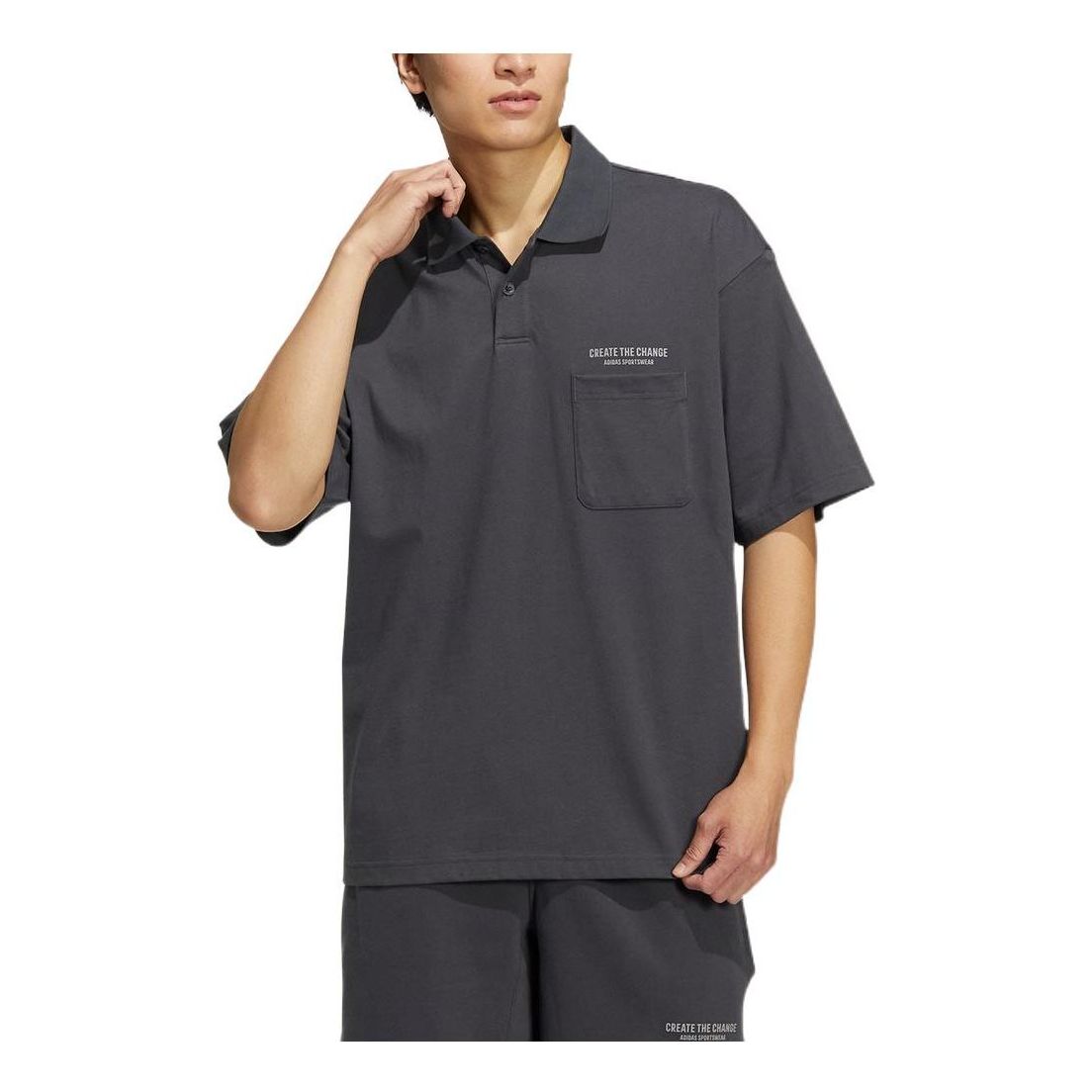 Men's adidas Training Series Logo Printing Pattern Lapel Short Sleeve Gray Polo Shirt HZ7046