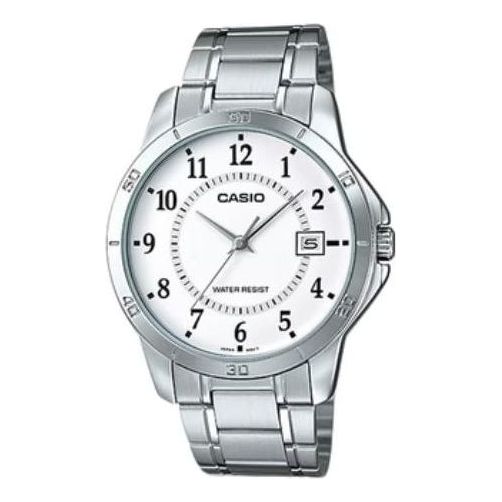 Men's CASIO Minimalistic Large Steel Strip Waterproof Quartz Watch Silver Stainless Steel Strap Mens MTP-V004D-7B