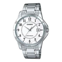 Men's CASIO Minimalistic Large Steel Strip Waterproof Quartz Watch Silver Stainless Steel Strap Mens MTP-V004D-7B