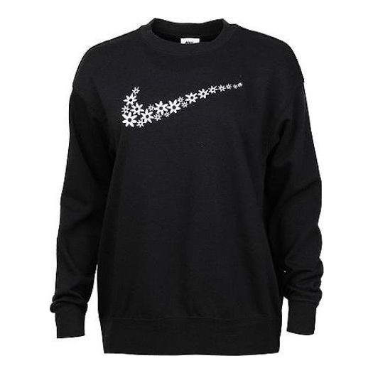(WMNS) Nike Flowers Logo Printing Round Neck Fleece Lined Long Sleeves Pullover Black Hoodie DM6310-010