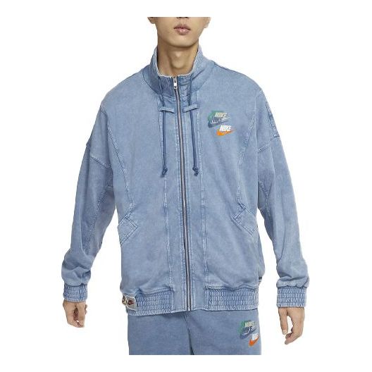 Men's Nike Sportswear Solid Color Logo Casual Denim Long Sleeves Stand Collar Autumn Blue Jacket DV3314-410