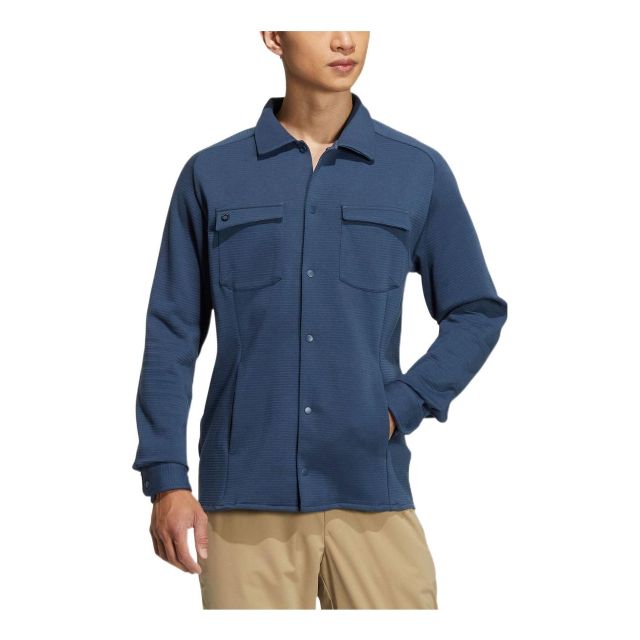 Men's adidas Solid Color Pocket Lapel Long Sleeves Blue Shirt HG3238