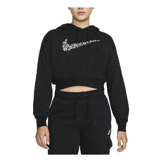 (WMNS) Nike Sportswear Logo Embroidered Loose Fleece Hoodie Black DO7257-010