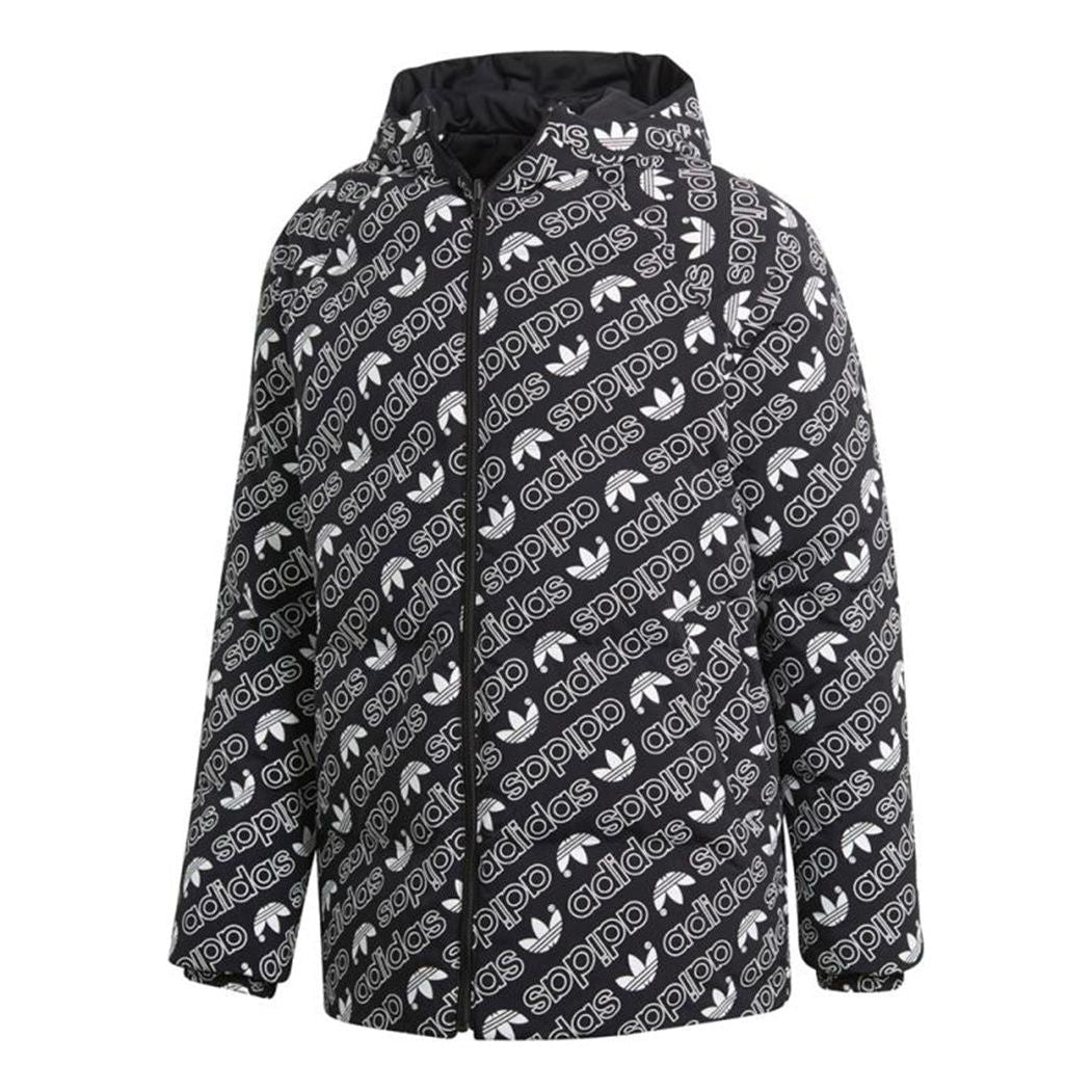 adidas originals Monogram JKT Full Print logo Reversible Stay Warm hooded down Jacket Black White DP8561