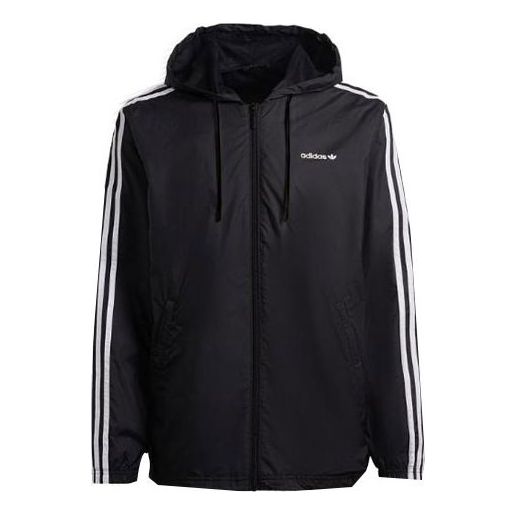Men's adidas originals Trefoil C Wb Stripe Sports Hooded Jacket Black HC7124