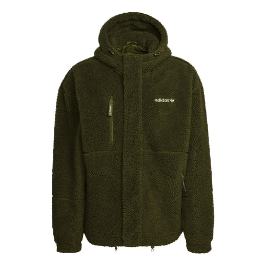 Men's adidas originals Polar Fleece Wb Logo Embroidered Sports Hooded Jacket Dark Olive Green HN0389
