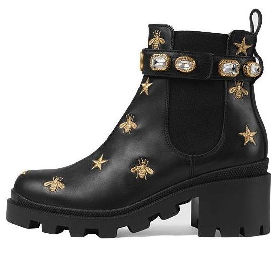 (WMNS) Gucci Stars and Bee Embroidered Leather Ankle Boot With Belt 'Black' 557735-AYO10-1000