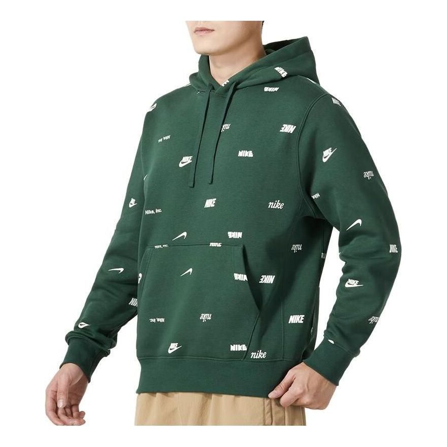 Nike Club Fleece Allover Print Pullover Hoodie 'Green White' FB7435-323