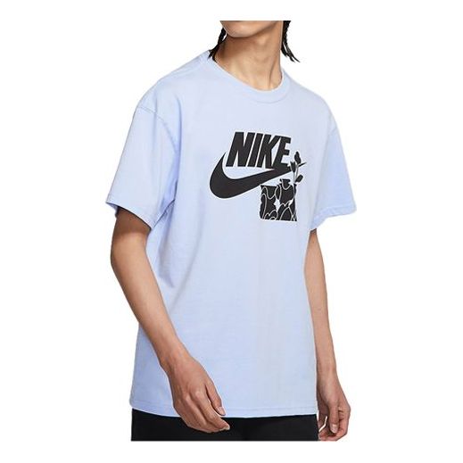 Men's Nike Flowers Alphabet Logo Printing Casual Sports Short Sleeve Light Blue T-Shirt DQ1009-548
