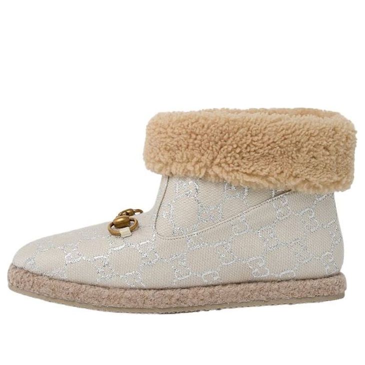 (WMNS) Gucci Canvas Wool Lame GG Monogram Fria Horsebit Ankle Boots 'Gardenia Silver' 629086-2C810-9152