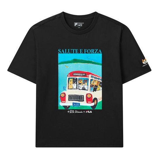 FILA x Pepe Shimada Crossover Cat Illustration Round Neck Short Sleeve Black F11M123188F-BK