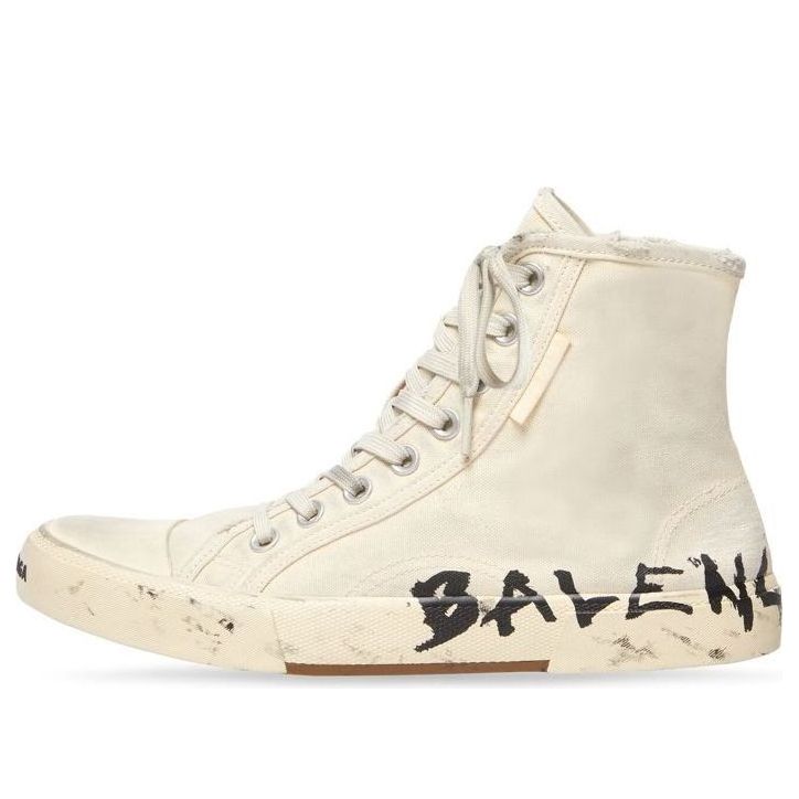 Balenciaga Paris High Top Sneakers 'White Destroyed Cotton and White Rubber with Graffiti' 688752W3RR49010
