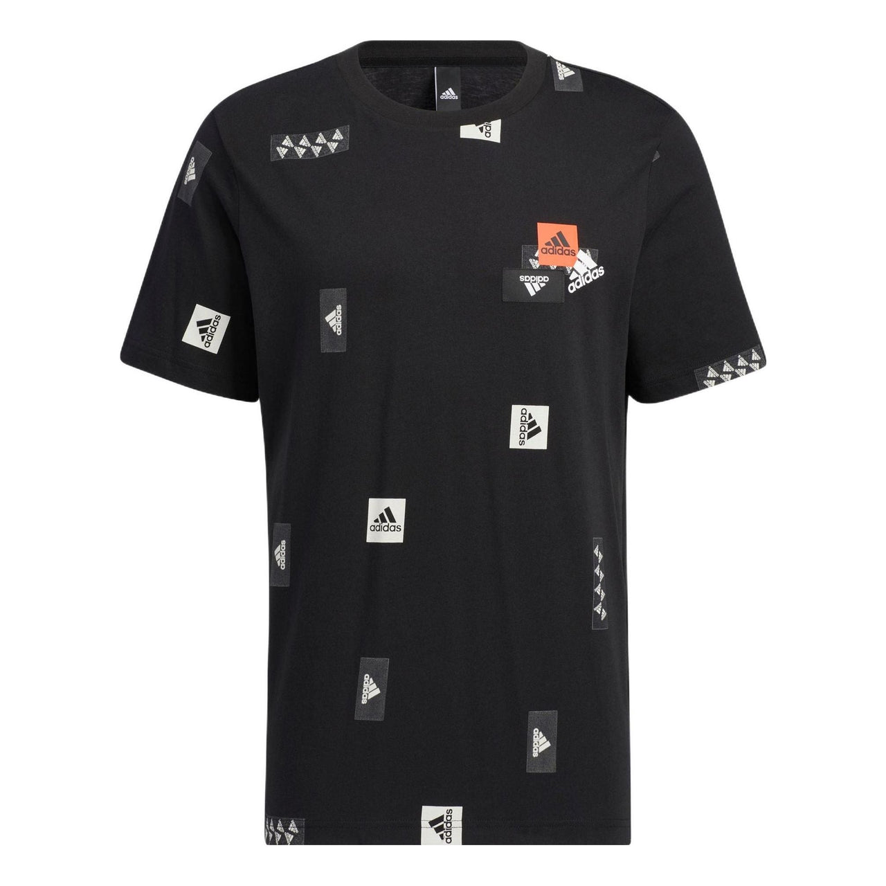 Men's adidas Full Print Logo Patch Printing Round Neck Short Sleeve Black T-Shirt HM2964