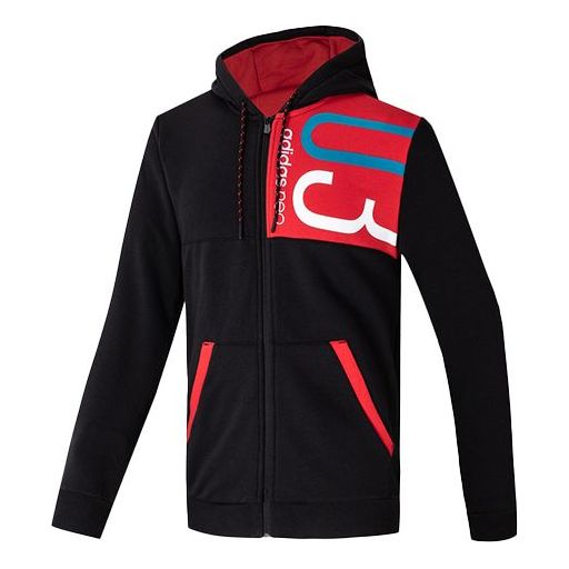 adidas neo logo Printing hooded Casual Sports Jacket Black FQ2100