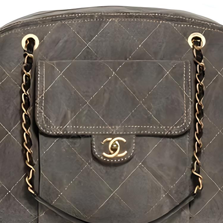 CHANEL Washed Denim With Gold Metal Accents Bowling Bag Handbag Women's Taupe