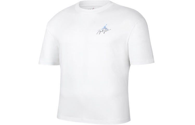 Men's Air Jordan Minimalistic Back Large Logo Printing Casual Round Neck Short Sleeve White Blue T-Shirt DZ4055-103