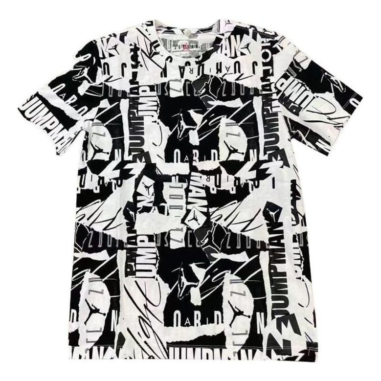 Men's Air Jordan Graffiti Full Print Pullover Round Neck Short Sleeve Black White T-Shirt DA9878-010