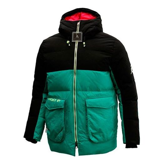 Air Jordan Casual Sports hooded Stay Warm Down Jacket Black Green Colorblock CK6662-011